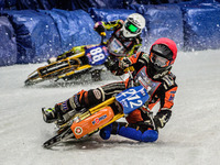Lukas Hutla (212) (Red) leads Max Neidermaier (88)  (White) during the Ice Speedway Gladiators World Championship Final 1 at Max-Aicher-Aren...