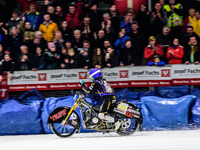 Martin Haarahiltunen (199) Celebrates winning the Meeting during the Ice Speedway Gladiators World Championship Final 1 at Max-Aicher-Arena,...