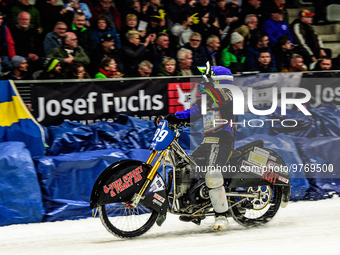 Martin Haarahiltunen (199) Celebrates winning the Meeting during the Ice Speedway Gladiators World Championship Final 1 at Max-Aicher-Arena,...
