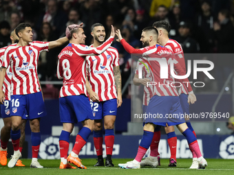 Yannick Carrasco left winger of Atletico de Madrid and Belgium celebrates after scoring his sides first goal during the La Liga Santander ma...