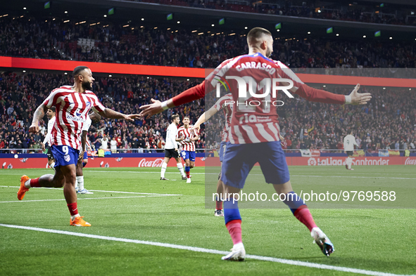 Yannick Ferreira Carrasco of Atletico de Madrid celebrating his goal with his teammates during a match between Atletico de Madrid v Valencia...