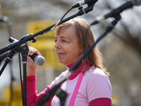 Medea Benjamin, co-founder of Code Pink, speaks at an anti-war protest organized by the Answer Coalition and dozens of other groups in Washi...