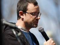 Gabriel Shipton, the brother of jailed activist and hacker Julian Assange, speaks at an anti-war protest organized by the Answer Coalition a...