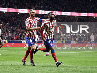 Thomas Lemar of Atletico de Madrid celebrates his goal during a match between Atletico de Madrid v Valencia CF as part of LaLiga in Madrid,...