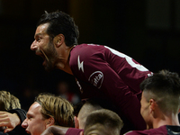 Antonio Candreva of US Salernitana rejoices with his teammate after Boulaye Dia of US Salernitana  scoring a goal of 2-1  during the Serie A...