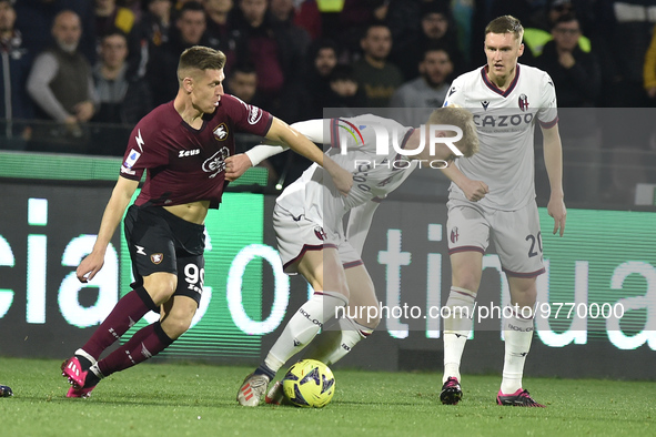 Krzysztof Piatek of US Salernitana  competes for the ball with Jerdy Schouten of Bologna FC   during the Serie A match between US Salernitan...