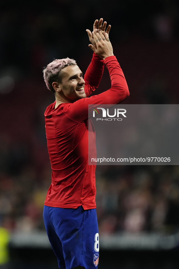 Antoine Griezmann second striker of Atletico de Madrid and France celebrates victory after the La Liga Santander match between Atletico de M...