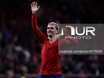 Antoine Griezmann of Atletico de Madrid thanks supporters for standing during a match between Atletico de Madrid v Valencia CF as part of La...