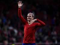 Antoine Griezmann of Atletico de Madrid thanks supporters for standing during a match between Atletico de Madrid v Valencia CF as part of La...