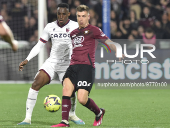 Krzysztof Piatek of US Salernitana  competes for the ball with Jhon Lucumi of Bologna FC   during the Serie A match between US Salernitana 1...