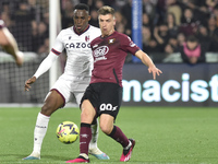 Krzysztof Piatek of US Salernitana  competes for the ball with Jhon Lucumi of Bologna FC   during the Serie A match between US Salernitana 1...