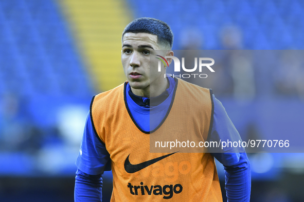 Enzo Fernandez of Chelsea warming up before the Premier League match between Chelsea and Everton at Stamford Bridge, London on Saturday 18th...