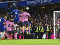 Benoit Badiashile of Chelsea heads at goal during the Premier League match between Chelsea and Everton at Stamford Bridge, London on Saturda...