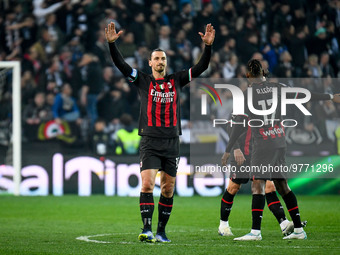 Milan's Zlatan Ibrahimovic celebrates after scoring a goal on penalty during the italian soccer Serie A match Udinese Calcio vs AC Milan on...