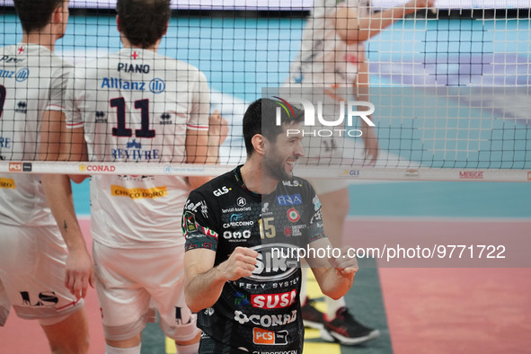 resende gualberto flavio (n.15 sir safety susa perugia) rejoices during the Volleyball Italian Serie A Men Superleague Championship Play Off...