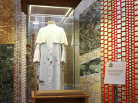 Pope John Paul II cassock marked with blood during an attempt on his life on the 13th of May 1981, is displayed inside the Sanctuary of Sain...