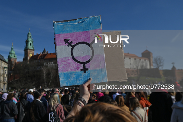 KRAKOW, POLAND - MARCH 18 2023:
Activists and their supporters during the annual Manifa Krakowska event, in the center of Krakow, on March 1...
