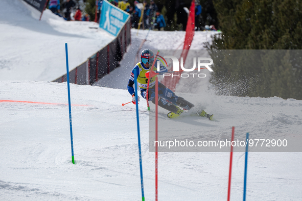 AJ GINNIS of GRE in action during Audi FIS Alpine Ski World Cup 2023 Slalom Discipline Men's Downhill on March 19, 2023 in El Tarter, Andorr...