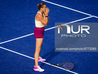 Aryna Sabalenka of Belarus in action against Maria Sakkari of Greece during the semi-final of the 2023 BNP Paribas Open, WTA 1000 tennis tou...