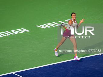 Aryna Sabalenka of Belarus in action against Maria Sakkari of Greece during the semi-final of the 2023 BNP Paribas Open, WTA 1000 tennis tou...