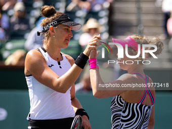 Beatriz Haddad Maia of Brazil & Laura Siegemund of Germany in action during the doubles semi-final of the 2023 BNP Paribas Open, WTA 100...