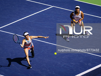 Miyu Kato of Japan & Aldila Sutjiadi of Indonesia in action during the doubles semi-final of the 2023 BNP Paribas Open, WTA 1000 tennis...