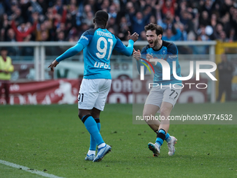 Khvicha Kvaratskhelia and Tanguy Ndombele during Serie A match between Torino v Napoli in Turin, on March 19, 2023  (
