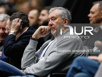 Legendary basketball player Sergei Tarakanov (C) attends the Russian Cup Final Four final basketball match between Pari Nizhny Novgorod and...