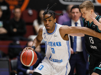 Trent Frazier (C) of Zenit and Dmitry Khvostov (R) of Nizhny Novgorod in action during the Russian Cup Final Four final basketball match bet...