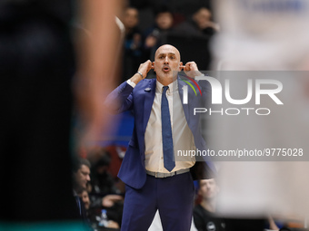 Nizhny Novgorod head coach Zoran Lukic (C) gestures during the Russian Cup Final Four final basketball match between Pari Nizhny Novgorod an...