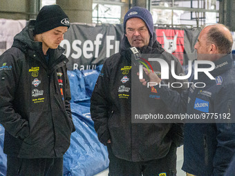 Luca Bauer (left) and father Gunther give an interview to Bavarian local TV during the Ice Speedway Gladiators World Championship Final 2 at...