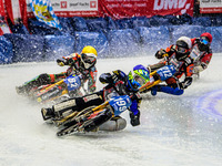 Martin Haarahiltunen (199) (Blue) leads Markus Jell (82) (Yellow) Lukas Hutla (212) (White) and Jo Saetre (357) (Red) during the Ice Speedwa...