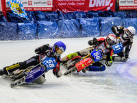 Stefan Svensson (58) (Blue) leads Harald Simon (50) (Red) and Jimmy Olsen (81) (White) during the Ice Speedway Gladiators World Championship...