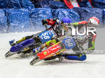 Harald Simon (50) (Red) passes Stefan Svensson (58) (Blue) during the Ice Speedway Gladiators World Championship Final 2 at Max-Aicher-Arena...