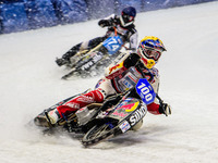 Franz Zorn (100) (Yellow) leads Mats Jarf (74) (Blue) during the Ice Speedway Gladiators World Championship Final 2 at Max-Aicher-Arena, Inz...
