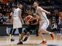 Andrey Zubkov (R) of Zenit and Jermaine Love (C) of Nizhny Novgorod in action during the Russian Cup Final Four final basketball match betwe...