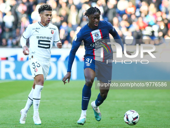 El Chadaille Bitshiabu of Paris Saint - Germain in action during the French Ligue 1 football match between Paris Saint-Germain (PSG) and Sta...