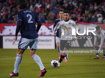 March 18, 2023, Frisco, United States: FC Dallas forward Alan Velasco brings the ball up the field during first half action of the MLS game...