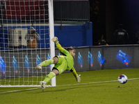 March 18, 2023, Frisco, United States: FC Dallas goalkeeper Maarten Paes stops a penalty kick during second half action of the MLS game betw...