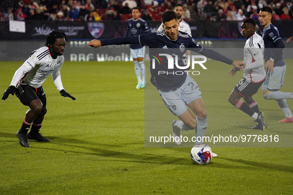 March 18, 2023, Frisco, United States: Sporting KC forward Daniel Salloi controls the ball in the offensive zone during second half action o...