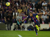 Raphinha right winger of Barcelona and Brazil shooting to goal during the La Liga Santander match between FC Barcelona and Real Madrid CF at...