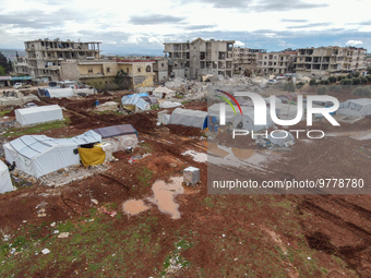 A view of tents after heavy rains in Jenders, Northwestern Syria on March 19, 2023. It is inhabited by those affected by the earthquake in J...