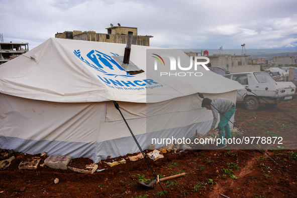 A view of tents after heavy rains in Jenders, Northwestern Syria on March 19, 2023. It is inhabited by those affected by the earthquake in J...