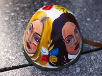 A hand-painted helmet with Ukrainian and Polish decorations is seen during a daily demonstration of solidarity with Ukraine at the Main Squa...