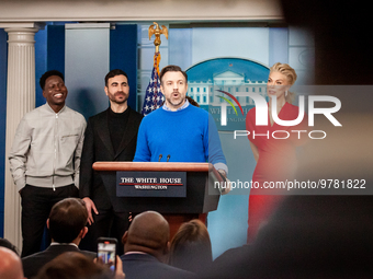 Jason Sudeikis and the cast of the series, “Ted Lasso,” speak briefly to the press during their visit to the White House to talk with Presid...