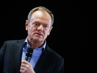 Donald Tusk, the leader of the largest opposition party, Civic Platform (PO), speaks during his visit in Pszczyna, Silesia region of Poland...
