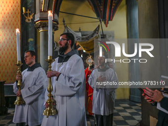 KRAKOW, POLAND - MARCH 10:
Members of the Franciscan Order with the Holy Sacrament follow the group of the Arch-confraternity of the Lord's...
