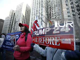 
Several people gather for a protest organized by Young Republicans in front of New York Criminal Court on March 20, 2023 in New York City,...