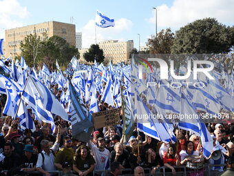 Thousands of Israeli protesters rally against Israeli Goverment's judicial overhaul bills out of the Israeli Parliament, the Knesset, in Jer...