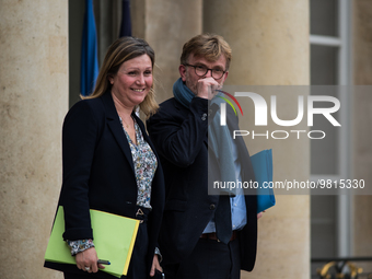 President of the Assemblee Nationale Yael Braun-Pivet and Agriculture Minister Marc Fesneau leave the Elysee Palace after the majority crisi...